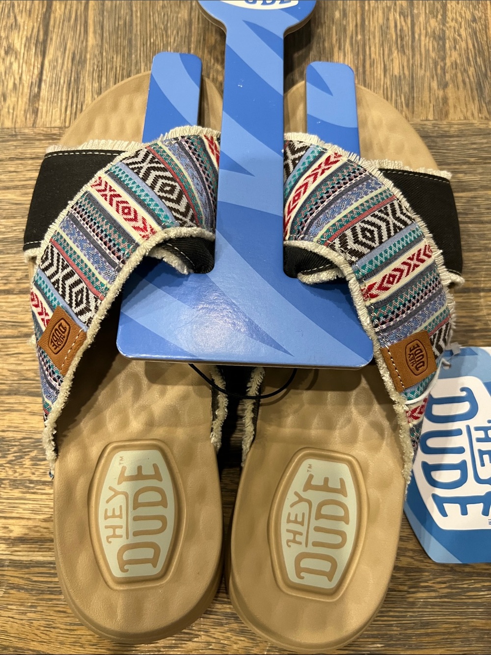 NWT Hey Dude Multicolor Aztec Slide Sandals with Tan Footbed
